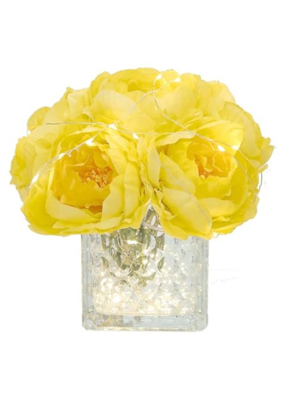 Yellow Silk Peony Artificial Flower LED Light Glass Vase Wedding Centerpiece
